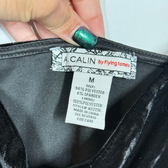 A.Calin by Flying Tomato Bodysuit Sz Medium Black Velvet Square Neck Puff Sleeve - Picture 8 of 10